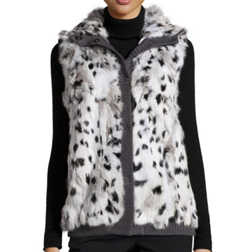 Jocelyn Gray and White Spotted Rabbit Fur and Wool Vest Sz. Large